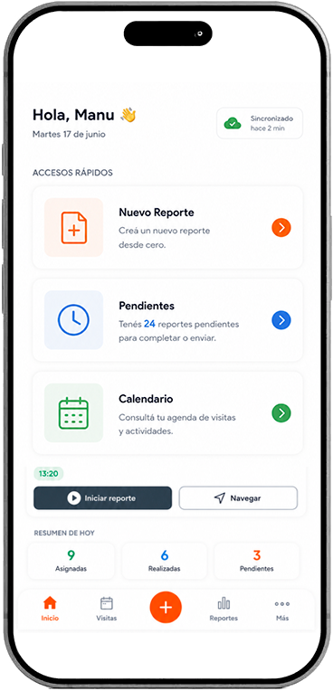 Home screen of the CheckPOS Mobile app, with quick actions, a daily summary, and the visit schedule