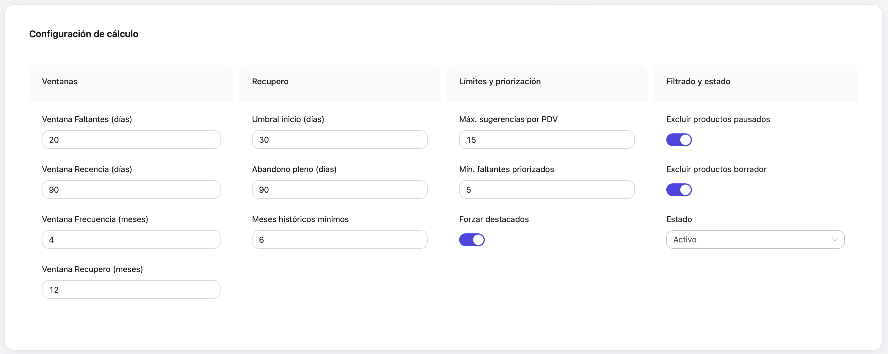 Calculation configuration for the suggested assortment